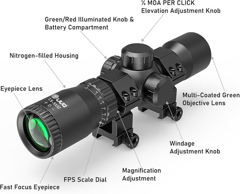 UUQ 1.5-5x32 Crossbow Scope,Circles and Rangefinder Etched Glass Ballistic Reticle Optic, 250-450 FPS Red Green Illuminated,Compact Crossbow Scope for Hunting 20-100 Yards with 20mm Scope Rings - Image 5
